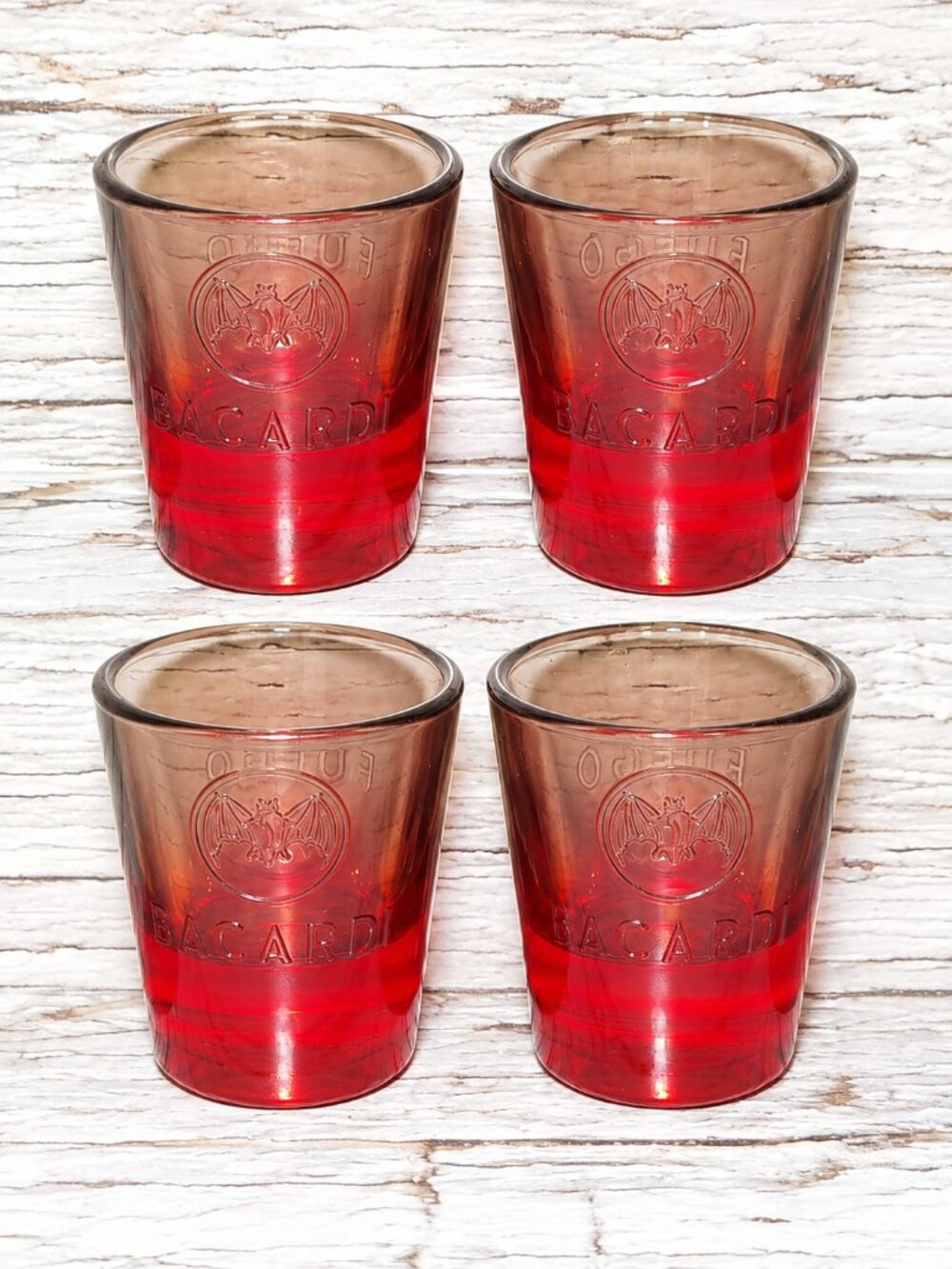 Bacardi Carta Fuego Shot Glasses Set of 4 Red to Smoked Gradient Bat Logo
